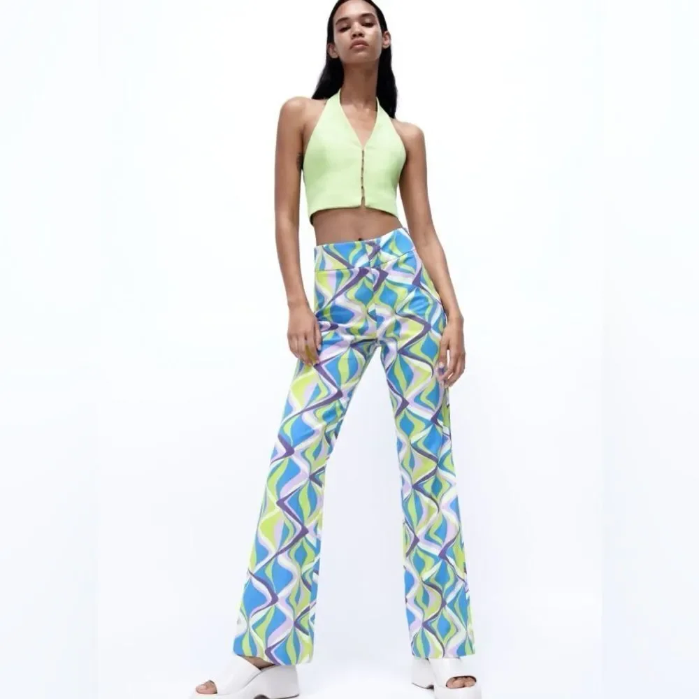 Zara linen blend printed flared pants